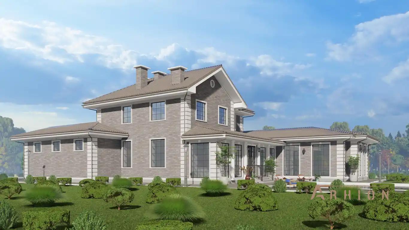 5. Проект двухэтажного дома в европейском стиле с многоскатной кровлей, h-1610, площадью - 517 кв c сауной, терассой, гаражом, бассейном